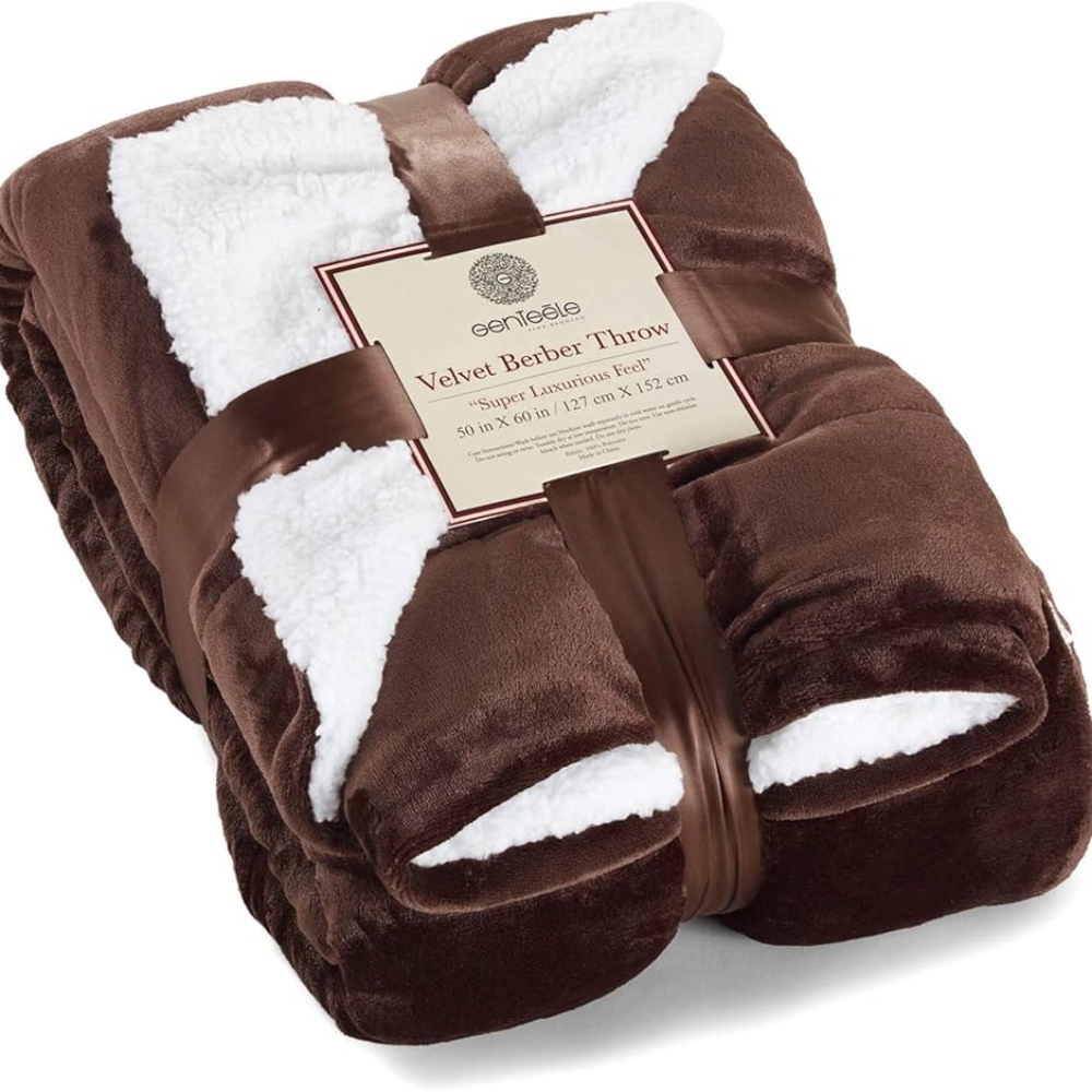 Genteele Sherpa Throw Blanket, Soft, Reversible, 50 in. X 60 in., Brown/White